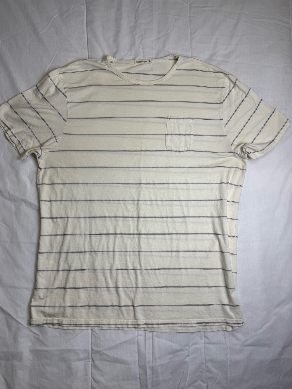 Marine Layer Men's XL Crew Neck Short Sleeve Ivory Blue Striped Pocket Tee
